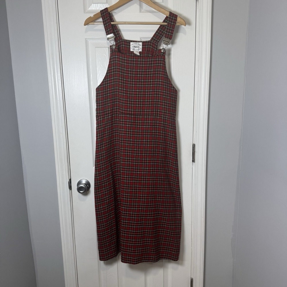 Country Wear Overall Dress Womens Small Plaid Fit Cottage 90s Tartan‎ Red Green